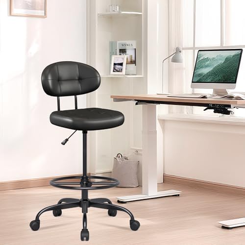 Misolant Drafting Chair Without Arms, Tall Office Chair with Footrest Ring for Standing Desk, Small Faux Leather Executive Office Chair with Adjustable Height for Bar Lab Counter Height Desk, Black