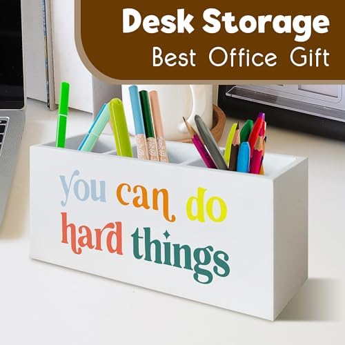 You Can Do Hard Things Desk Pen Holder, Inspirational Decor for Nursery School Psychologist Mental Health Therapy Office Desk, Positive Wooden Pencil Holder Organizer for Office