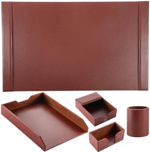 5 Pcs Bonded Leather Desk Organizer Accessories Set 30 x 18 Inch Leather Desk Mat Protector Sticky Note Holder File Paper Tray Pen Cup Business Card Holder Workspace Decor for Women Men