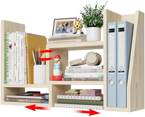 Desktop File Organizer Desk Organizer Shelf - Wooden Office Organization Shelves for Top of Desk Organizers and Accessories Corner Bookshelf Table Top Shelving Small Hutch Decorations for Women Office