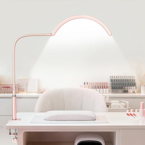 Professional Half Moon LED Desk Light for Nail Techs & Artists – Flexible Gooseneck Lamp with Clamp, 3 Color Modes & 5 Brightness Levels for Manicure, Tattoo, Beauty Work