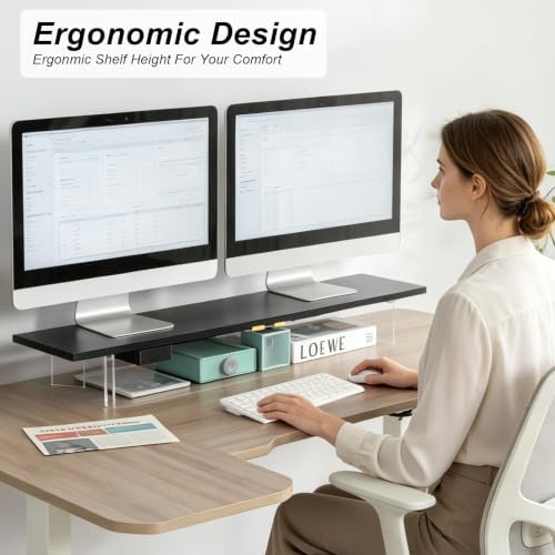TEAMIX 39.4 inch Dual Monitor Stand with Acrylic Leg, Drawer & Phone Holder