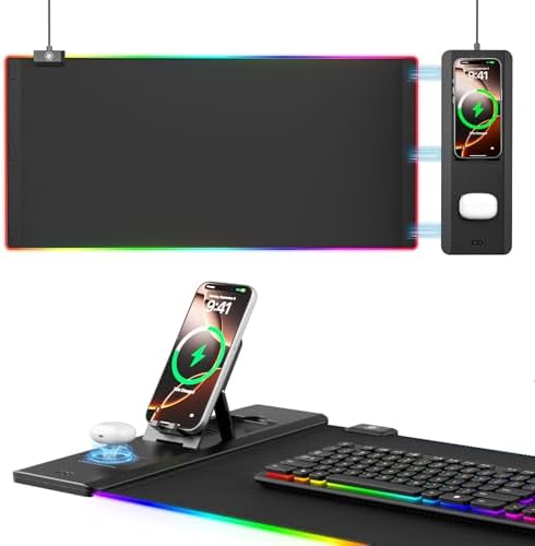 KDD RGB Mouse Pad with Wireless Charging - Desk Mat with Phone Holder and 15W Fast Charger - Gaming Mousepad with Ultra-Smooth Surface, Non-Slip Base - Keyboard Mat for Home Office Gamer Accessories
