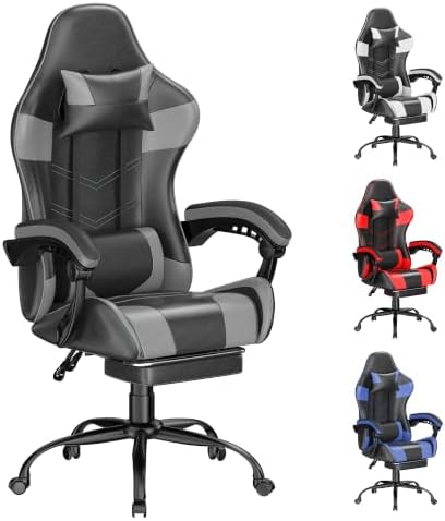 Gaming Chair with Footrest, Ergonomic Video Game Chair for Adults, Grey