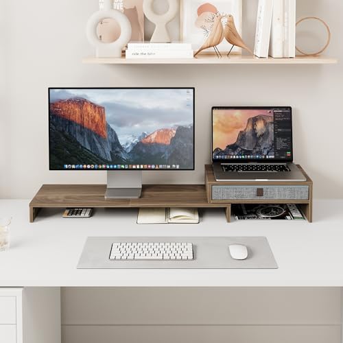 Fenge Triple Monitor Stand with Storage Drawer, Adjustable Length and Angle