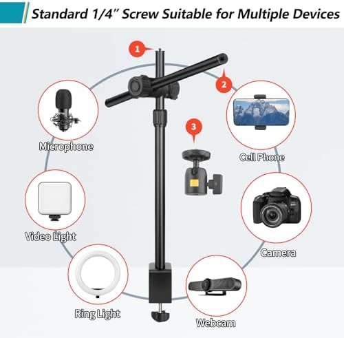 Camera Desk Mount Webcam Stand with Overhead Articulating Magic Boom Arm 1/4" Ball Head for DSLR Tripod, Adjustable Light Stand, Tabletop C Clamp for Ring Light Photo Video Shooting Live Streaming
