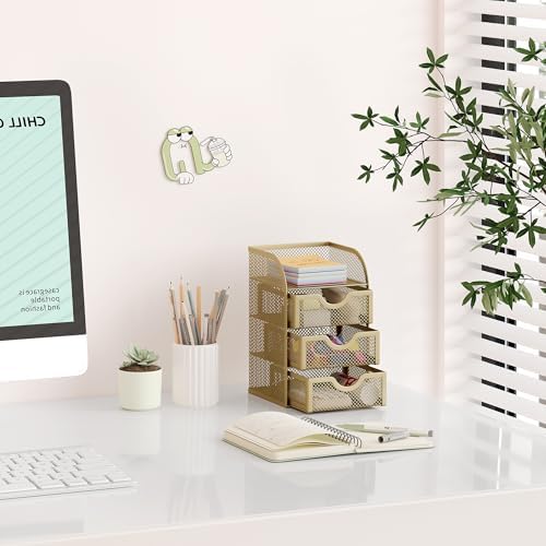 EasyPAG Mesh Desk Organizer with 3 Drawer Office Desktop Organizers and Accessories Stationery Caddy for Office, Home, Students, Gold