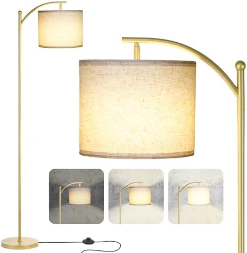 LALISU Standing Floor Lamp for Living Room, Linen Shade Floor Lamp, Gold