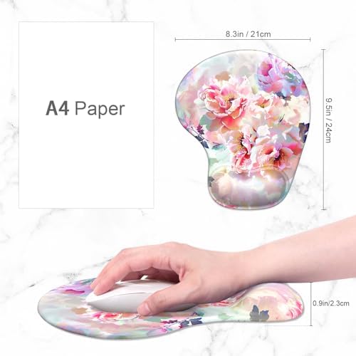 ITNRSIIET Ergonomic Mouse Pad Coaster Set with Gel Wrist Support Wrist Rest Smooth Surface Non-Slip PU Base Comfortable Office Supplies Pain Relief, 9.5 x 8.3 inches, Beautiful Flowers