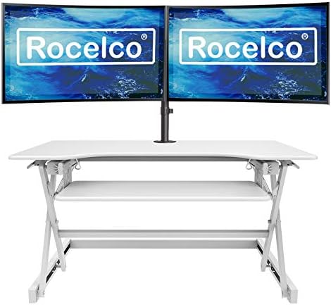 Rocelco 40" Large Height Adjustable Standing Desk Converter with Dual Monitor Mount BUNDLE - Quick Sit Stand Up Computer Workstation Riser - Retractable Keyboard Tray - White (R DADRW-40-DM2)