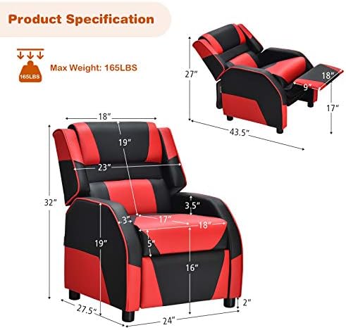 Giantex Kids Recliner, Gaming Recliner Chair with Footrest, Headrest & Lumbar Support, Ergonomic Leather Lounge Chair Toddler Furniture, Adjustable Racing Style Recliner Sofa for Boys Girls, Red