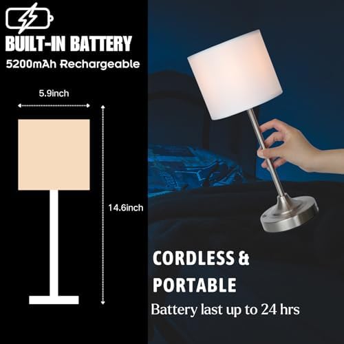 HAPYGI Portable Cordless Table Lamp,Built-in 5200mAH Rechargeable Battery, Dimmable Touch Wireless Light, Bed Side Metal Desk Lamp，Restaurant/Bedroom/Bar/Coffee/Night Light (Brushed Nickel)