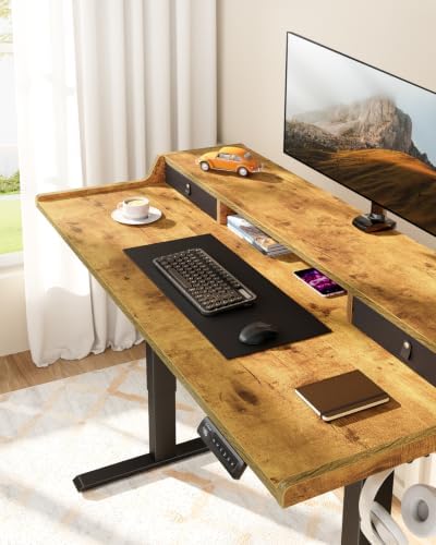 ErGear Electric Standing Desk with Drawers, 63″ x 28″ Gaming Table Compatible Monitor Stand, Stand up Desks, Home Office Height-Adjustable Desk with Storage Shelf, 4 Preset Heights, Vintage Brown