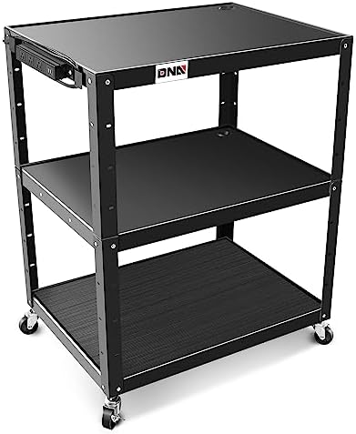 DNA Motoring 3-Layer Utility Steel AV Cart with Wheels Power Strip, 35" x 25" x 24"-42" Height Adjustable Rolling Projector Cart,TOOLS-00137