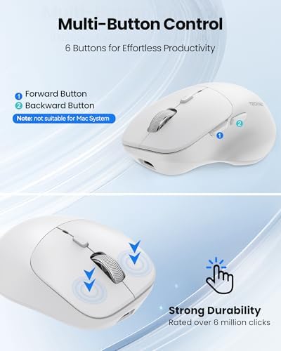 TECKNET Wireless Mouse Bluetooth 5.0/3.0 & 2.4G Rechargeable, Silent Clicks, Adjustable 4800 DPI, 6 Buttons, Ergonomic Design, Bluetooth Mouse for Laptop, Computer, ipad - White