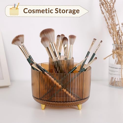 SKYDUE Rotating Pencil Pen Holder, Pen Organizer with 5 Slots - Aesthetic Desk Organizer and Accessories for School, Home, Office Supplies, Clear Tawny