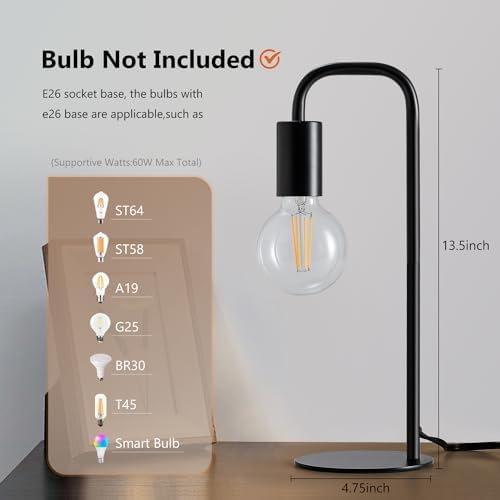 Industrial Table Lamp for Bedroom, Small Table Lamps for Bedside with Wire Switch, E26 Socket Base, Modern Nightstand Lamp for Living Room, Reading, Office, Bulb Not Included.