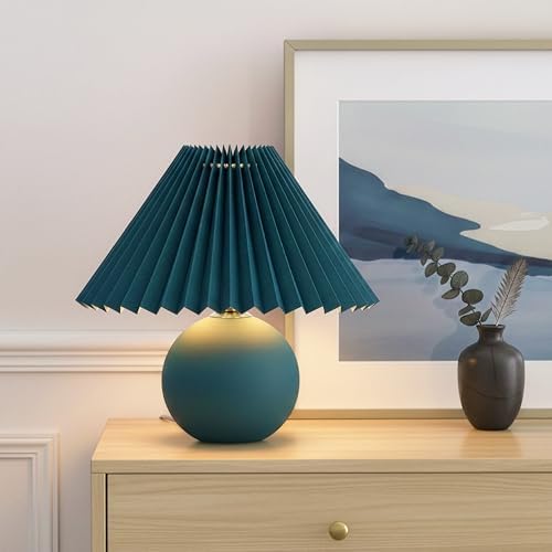 Brightech Serena LED Table Lamp - Small 10" Modern Ceramic Lamp with Pleated Shade for Bedside, Nightstand, Desk - Mini Night Light with Cozy Soft White Light for Living Room, Bedroom - Teal