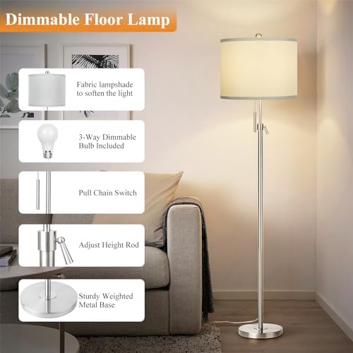 Qingmiao Brushed Nickel Floor Lamp for Living Room, Adjustable Height Standing Lamp, Tall Pole Light with Grey Shade for Bedroom, 8W 4000K 3-Way LED Bulb Included (Brushed Nickel, Grey Shade)