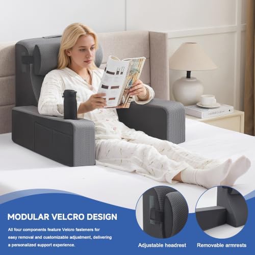 Reading Pillow for Bed, Back Pillow for Bed Sitting Up, Bed Pillows for Sitting Up with Adjustable Armrests, Cup Holder & Large Pocket, Backrest Cushion for Reading, Watching TV (Dark Grey, 4PCS)
