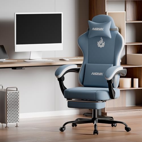 Gaming Chair with Massage,Ergonomic PC Gaming Chair Computer Chairs with Footrest Comfortable Headrest and Lumbar Support, High Back BLUENWHITE