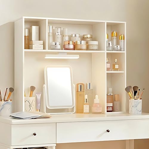 3 Tier Desktop Bookshelf with Rechargeable Eye-Friendly LED Desk Light, Desk Hutch Organizer with 5 Shelves, Wooden Desk Bookshelf for Office, Dorm and Small Space, White