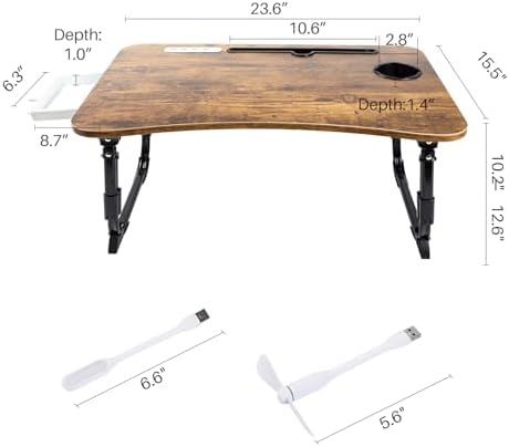BYMECOST Laptop Desk for Bed, Height Adjustable Laptop Bed Table, Foldable Portable Lap Desk Stand with USB/Storage Drawer/Cup Holder/Slot, Breakfast Tray for Working Reading Writing Eating