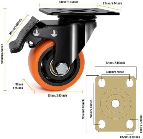 QNCZ 3 Inch Heavy Duty Caster Wheel with Dual Brake,Silent,Orange,Set of 4