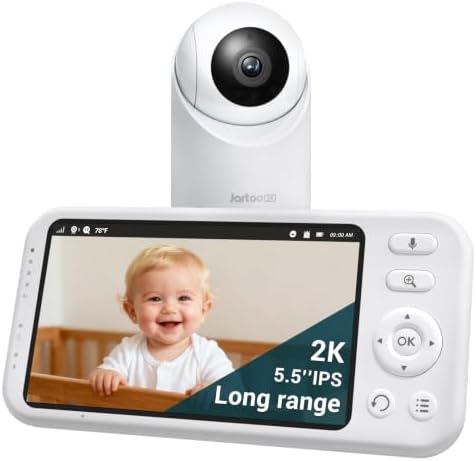 Jartoo 2K 5.5" Video Baby Monitor with Camera and Audio,AI Cry Detect 1860ft Long Range Baby Monitor No WiFi Baby Camera Wireless,Clear Night Vision,ANC, 2-Way Talk,White Noise,6000mAh [2025 New]