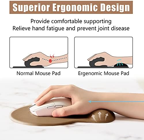 Hsurbtra Ergonomic Mouse Pad with Wrist Rest Support, Gel Mouse Pads with Non-Slip PU Base, Pain Relief Memory Foam Computer Mat, Cute Office Supplies Desk Decro Accessories, Leather Brown