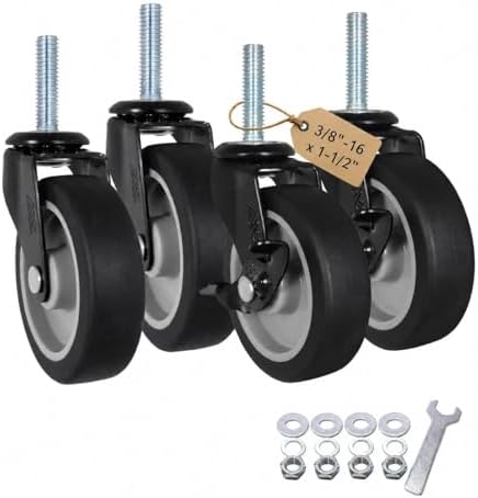 AXL 3 Inch Caster Wheels Set of 4, 3/8"-16 x 1-1/2" Threaded Stem Casters with Brake, Heavy Duty TPR Rubber Swivel Caster Wheels, Quiet Smooth Rolling Casters for Workbench, Cart, Cabinet, Shelving