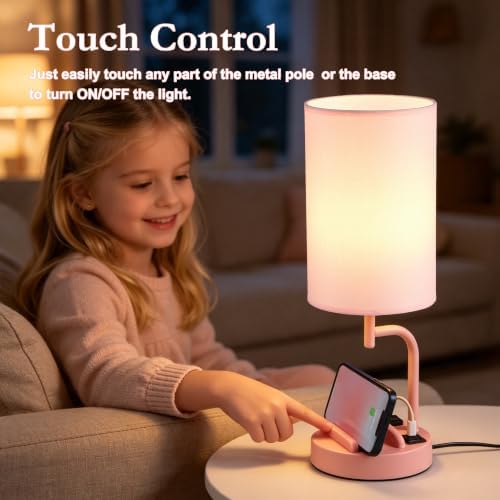 Dreamholder Touch Control USB Table Lamp with USB C/A & AC Outlet, 3-Way Dimmable Bedside Lamp, Modern Nightstand Lamps for Bedroom Living Room Guest Room Office, Bulb Included, Pink