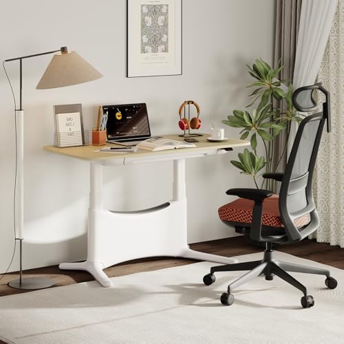 COLAMY Electric Adjustable Standing Desk – 48 x 28 Inch Sit Stand Desk with Drawer & Cable Management, Dual Motor Lift System, Ergonomic Footrest, Home Office Table (MFC Desktop, Light Maple + White)