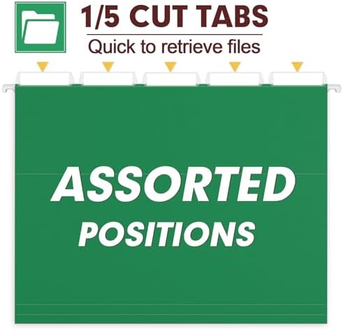 HERKKA Hanging File Folders, 30 Pack Reinforced Letter Size Hanging Folders, Designed for Bulky Files, Filing Cabinet, 1/5-Cut Adjustable Tabs (Green)