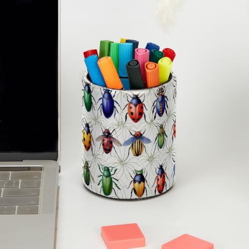 Leather Pen Holder for Desk, Beetle Pencil Cup Pen Organizer Makeup Brush Holder for Office Home Kids Countertop Desk Accessory Storage