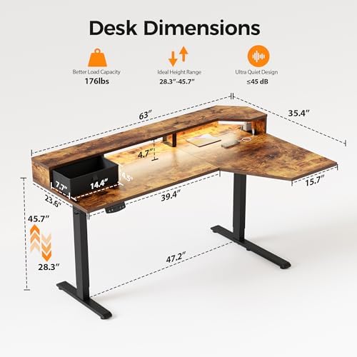 Agilestic 63*35 Inch L Shaped Standing Desk with Shelf & Led& Outlet, Brown