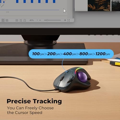 Wired Ergonomic Trackball Mouse, 34mm Thumb Control, RGB Lighting