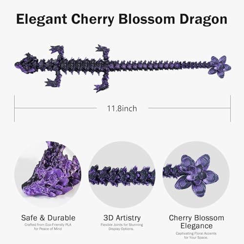 Outgoto 3D Printed Cherry Blossom Dragon – 11.8in Realistic Articulated Dragon Fidget Toy, Desk Décor and Collectible (Black Purple)