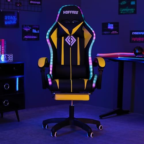 HOFFREE RGB Gaming Chair with Speakers Massage LED Lights Game Chair-Yellow
