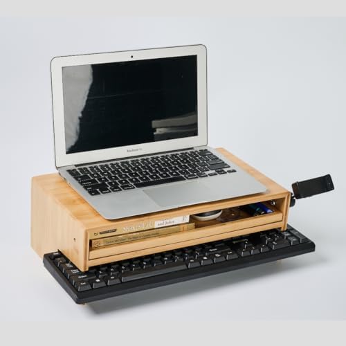 Wood Monitor Stand Riser Organizer for Desk Top with Storage Drawer & Phone Holder,Bamboo Monitor Stand with Keyboard Tray, Non Slip Desk Riser, Desk stand for computer monitor