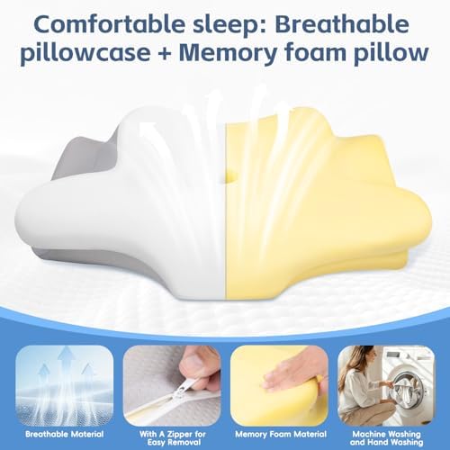 Cervical Neck Pillow, Memory Foam Pillows for Neck, 2 Heights Ergonomic Pillow with Breathable Ice Silk Cover,White