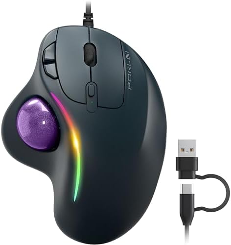 Wired Ergonomic Trackball Mouse, 34mm Thumb Control, RGB Lighting