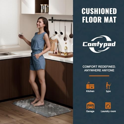 5/6 Inch Thick Water Absorbing Comfort Mat, Anti-Fatigue Floor Mat, Standing Desk Mat, for Kitchen Home Ofiice & Bathroom - Durable Foam, Cushioned Non-Slip (19" x 32", White Marble Pattern)