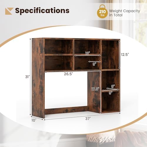 Giantex Desktop Bookshelf, Desk Hutch Dorm w/ 7 Cubes & 3 Adjustable Shelves, Desk Shelf for Up to 27" Computer Monitors, Wooden Desktop Storage Organizer for Dorm College Office Home, Rustic Brown