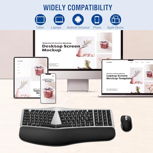 MK960 Ergo Wireless Keyboard Mouse Combo, Bluetooth/2.4G Split Design Keyboard with Palm Rest and 4 Level DPI Adjustable Wireless Mouse, Multi-Device, Rechargeable, for Windows/Mac/Android(Silver)