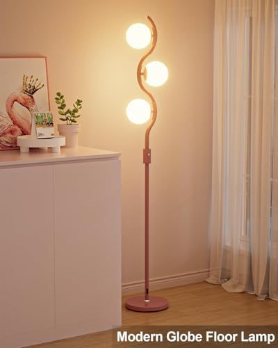 60IN Dimmable Pink Floor Lamp, Modern Standing Lamps with 3 Globe Soft Warm White 3000K Bulbs, Mid Century Floor Lamp with 5Lbs Heavy Base for Living Room Bedroom Home Decor