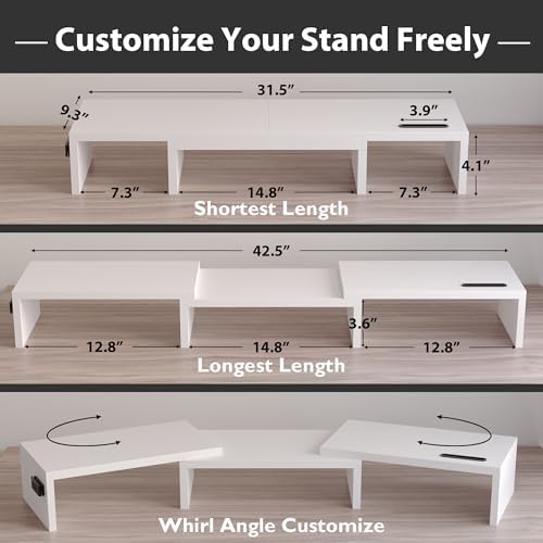BONTEC Dual Monitor Stand Riser, Adjustable Length & Swivel Angle, White