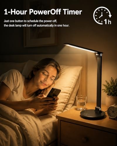 LED Desk Lamp with USB Charging Port, Touch Control, 6 Brightness Levels 6 Color Temperatures, Eye-Caring Desk Light with 1-Hour Timer, Adjustable Foldable Lamp for Home Office, Bedroom, Study