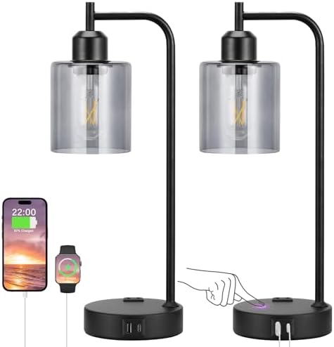 Innqoo Industrial Touch Bedroom Lamps for Bedrooms Set of 2-3-Way Dimmable Table Lamps with USB C+A Ports and Outlet, Bedside Lamps with Gray Glass Shade for Living Room, Desk Lamps for Home Office