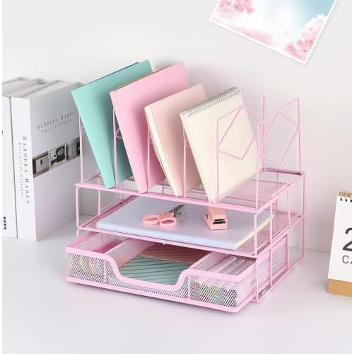 Desk Organizers and Accessories, 2-Tier Desk Organizer with Drawer, Pink